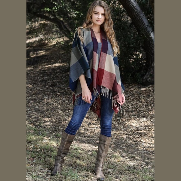 Sweaters | Boho Plaid Fringe Ruana Poncho Wrap Red Navy | Poshmark